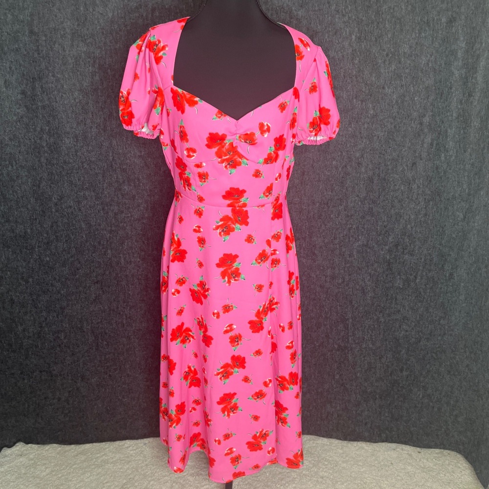 Alexia Admor Pink Red Floral Poppy Midi Dress Puff Sleeve Tea Party W.G. Sz 6
